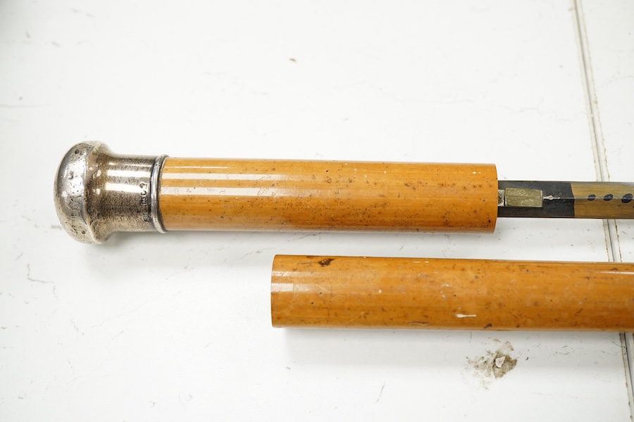 A Victorian silver mounted sword stick, with damascene blade, 90cm in length